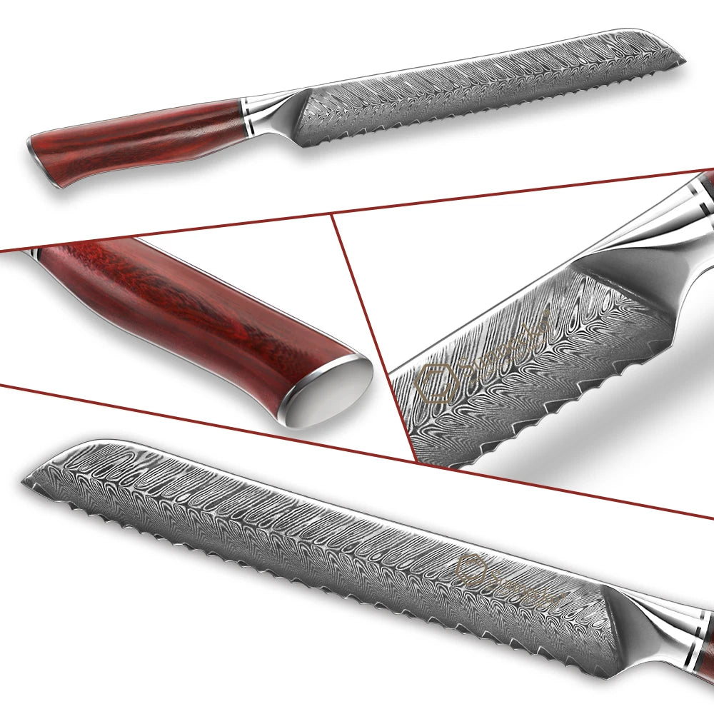 Sunnecko 8" Damascus Steel Serrated Bread Knife – VG10 Core Damascus Bread Knife Axl