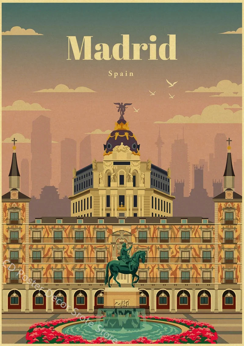 World Cities Retro Travel Poster – Rome Paris Sydney Dubai Art