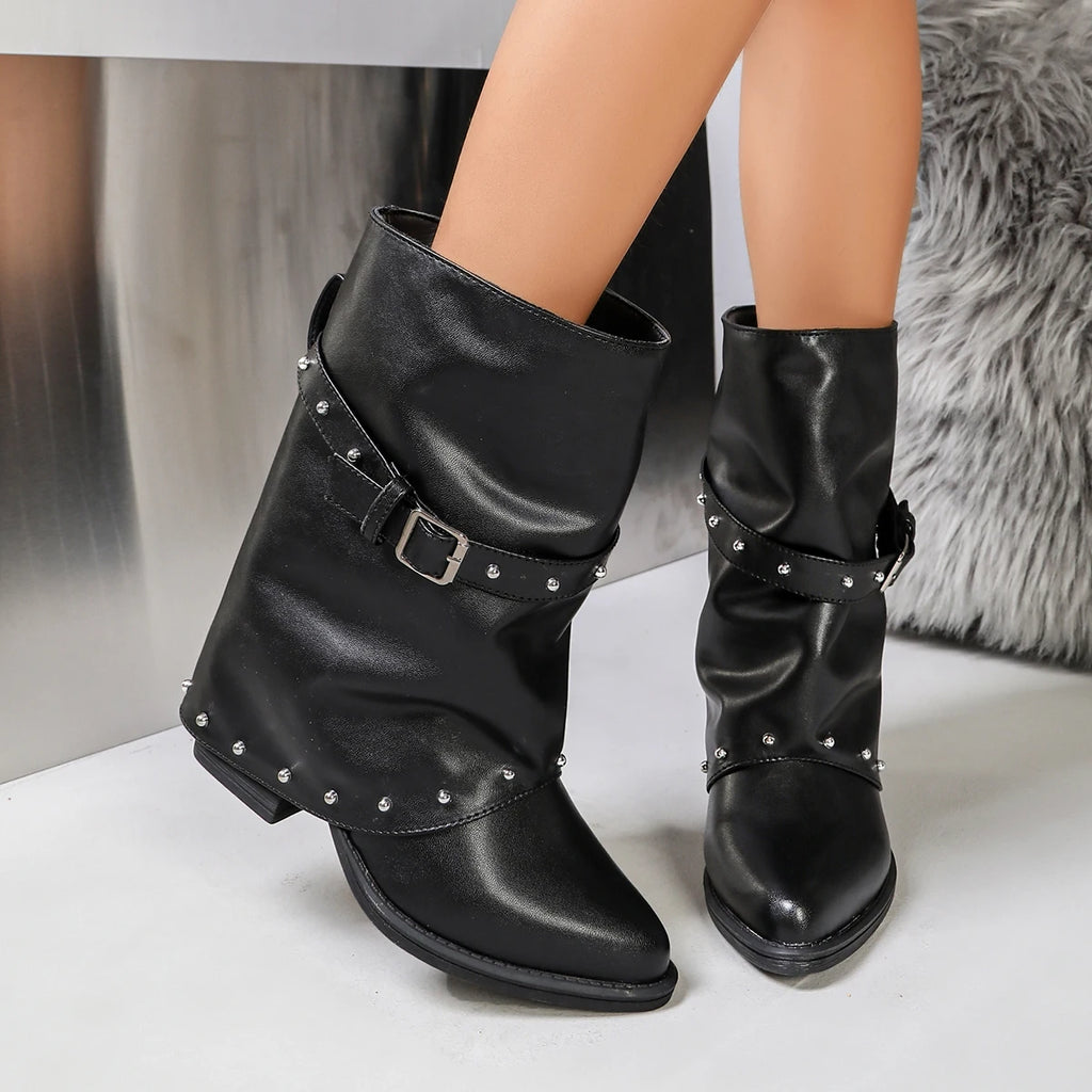 Women's Rivet Buckle Western Cowboy Booties | Slip-On Block Heel Women's Western Boots Axl