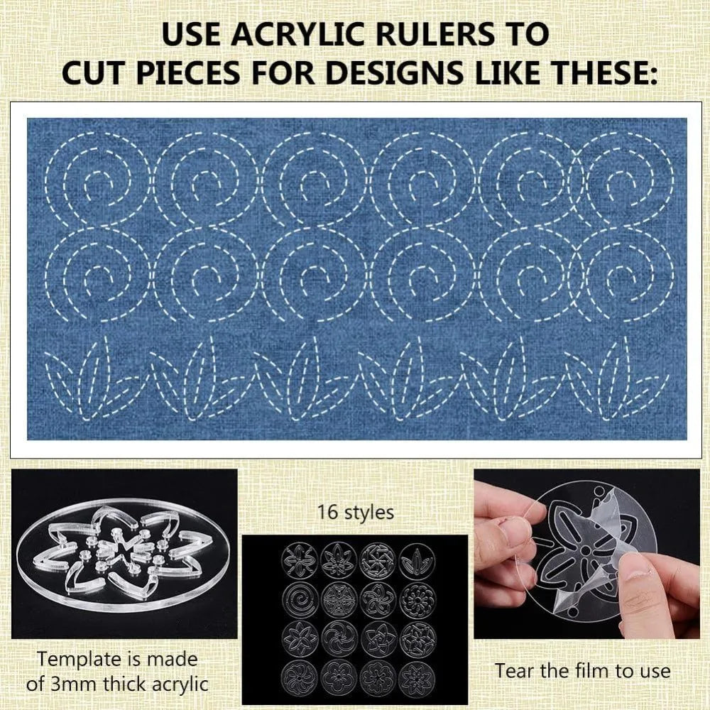 16-Pc Acrylic Sashiko Stencil Set – Flower Embroidery Templates Embroidery Stencil Set Axl