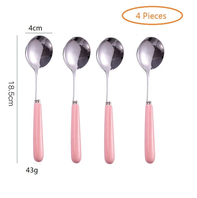 4-Piece Ceramic Handle Dessert Spoons – Stainless Steel Set Dessert Spoon Set Axl PINK 4PCS