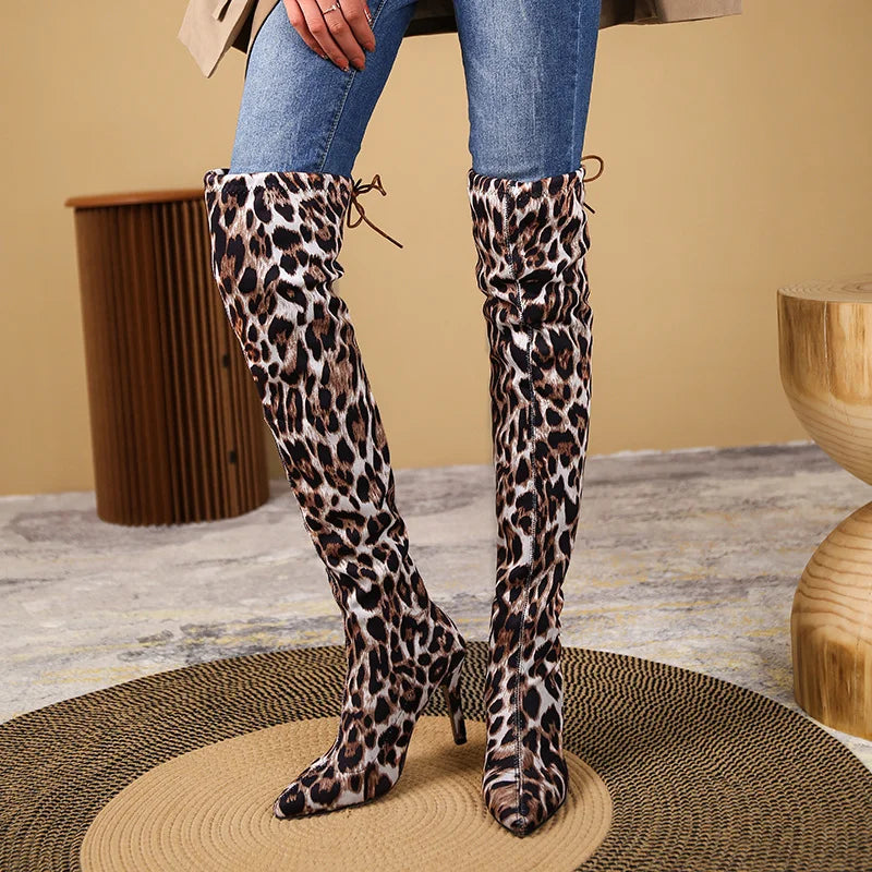 Women's Leopard Print Over-the-Knee Stiletto Boots Over-the-Knee Boots Axl