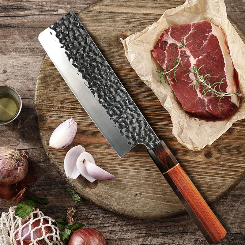 Hand Forged Japanese Santoku Chef Knife with Wood Handle & Gift Box Professional Chef Knife Axl