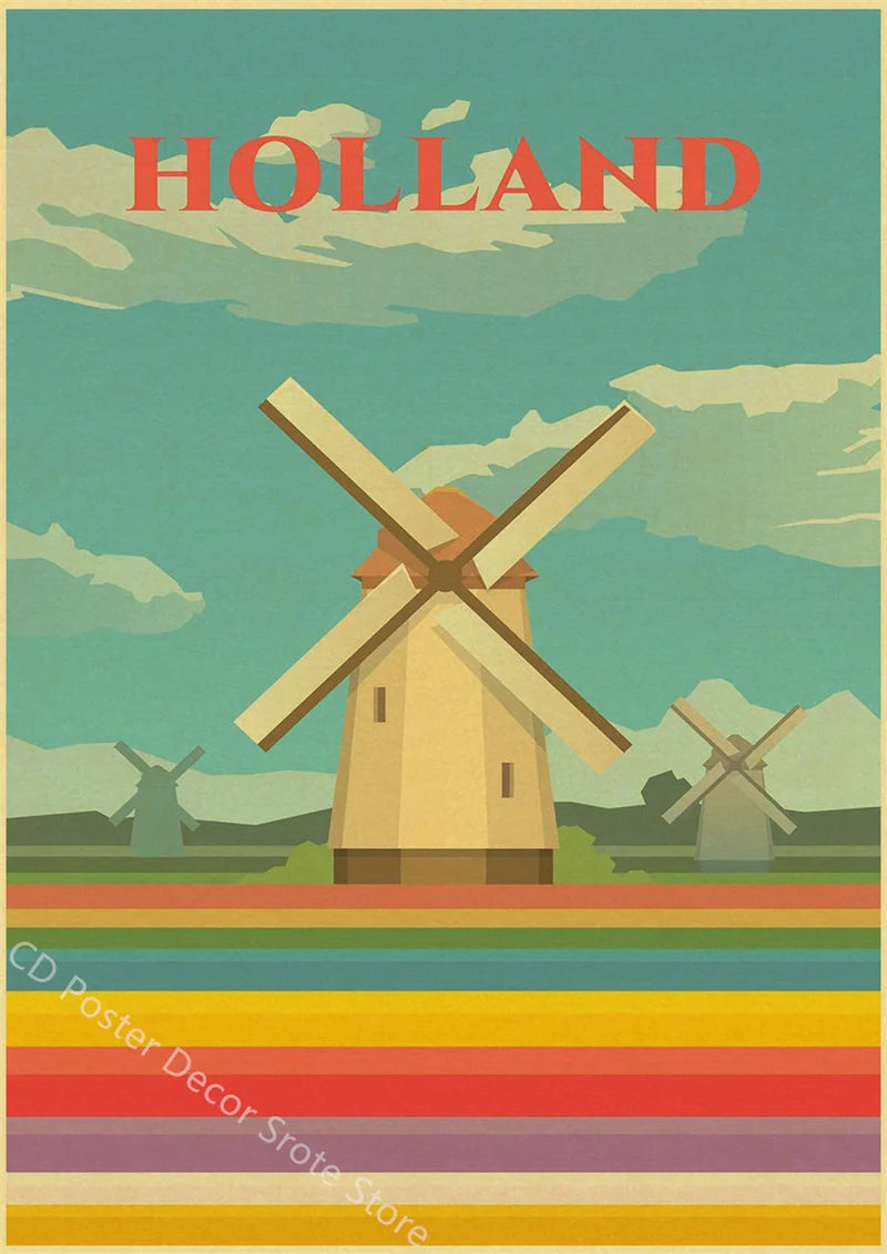 World Cities Retro Travel Poster – Rome Paris Sydney Dubai Art