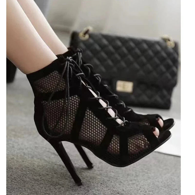 Women's Black Mesh Lace-Up High Heel Sandals – Open Toe High Heel Sandals Axl