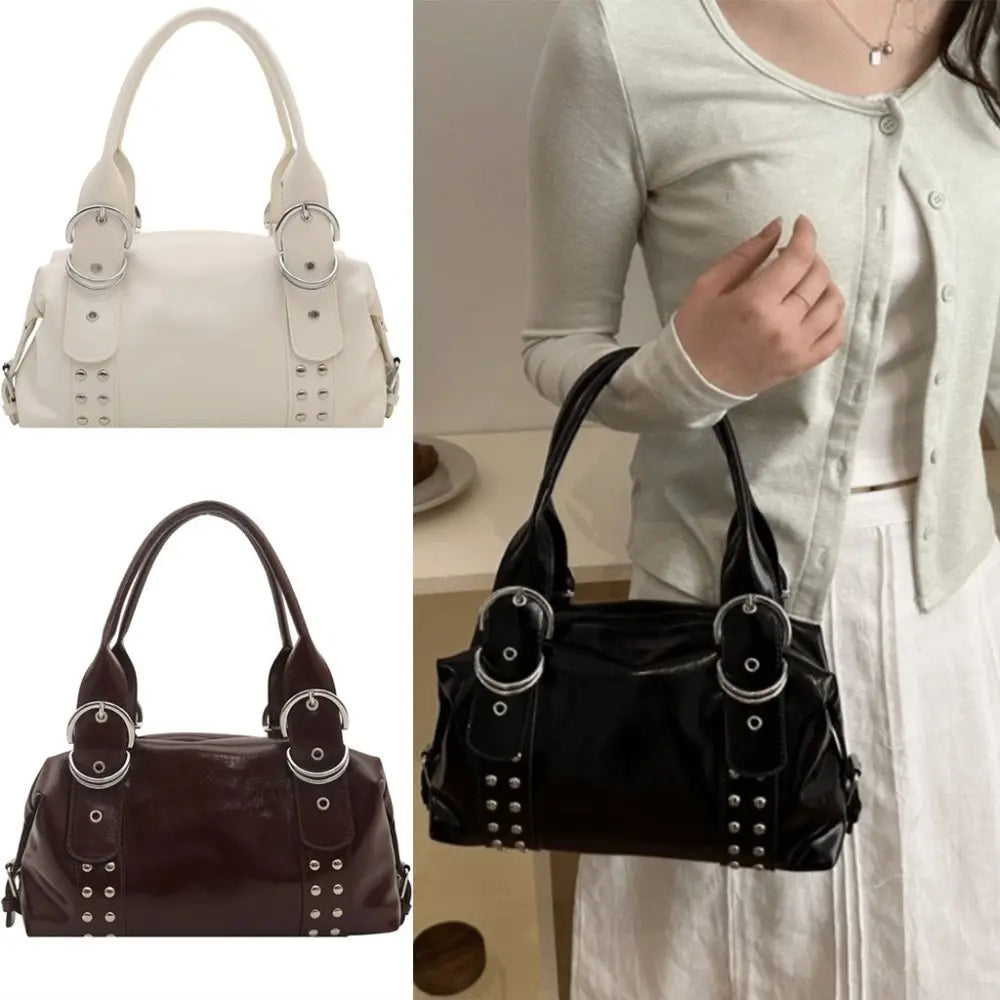 Y2K PU Leather Women's Rivet Shoulder Tote Bag | Large Capacity Shoulder Tote Bag Axl