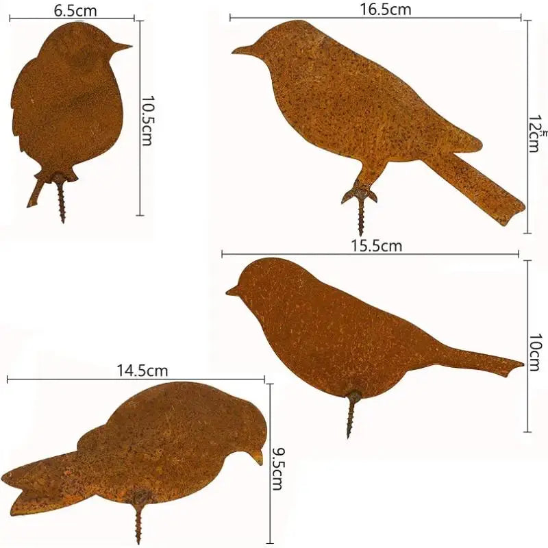 4-Piece Rusty Metal Bird Ornaments – Iron Garden Fence Decor Garden Metal Sculpture Axl A