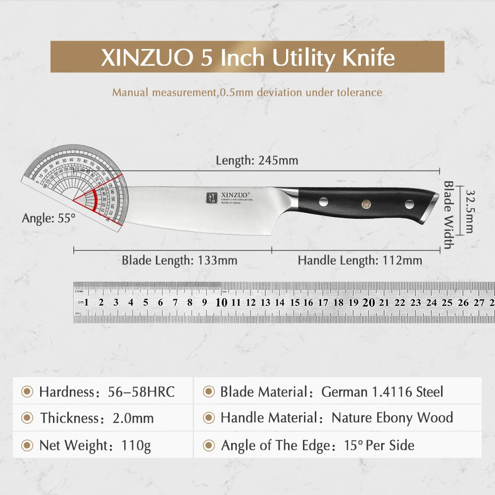 XINZUO 5-Inch Utility Knife – German 1.4116 Steel & Ebony Handle Kitchen Utility Knife Axl