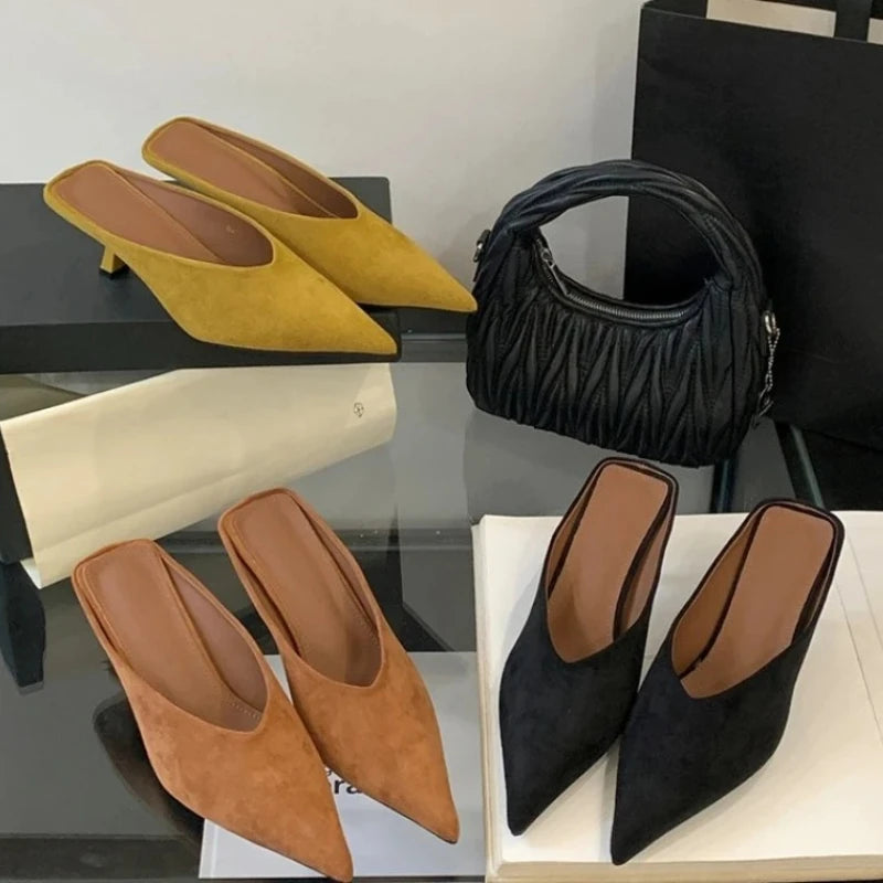 Women's Pointed Toe Mule Slides | Elegant Mid Heel Dress Shoes Mid Heel Mule Slides Axl