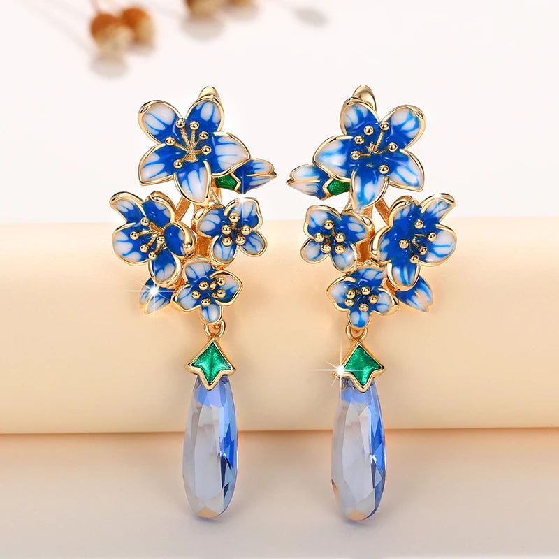 Huitan Blue Morning Glory Drop Earrings – Gold Floral Jewelry Drop Earrings Axl
