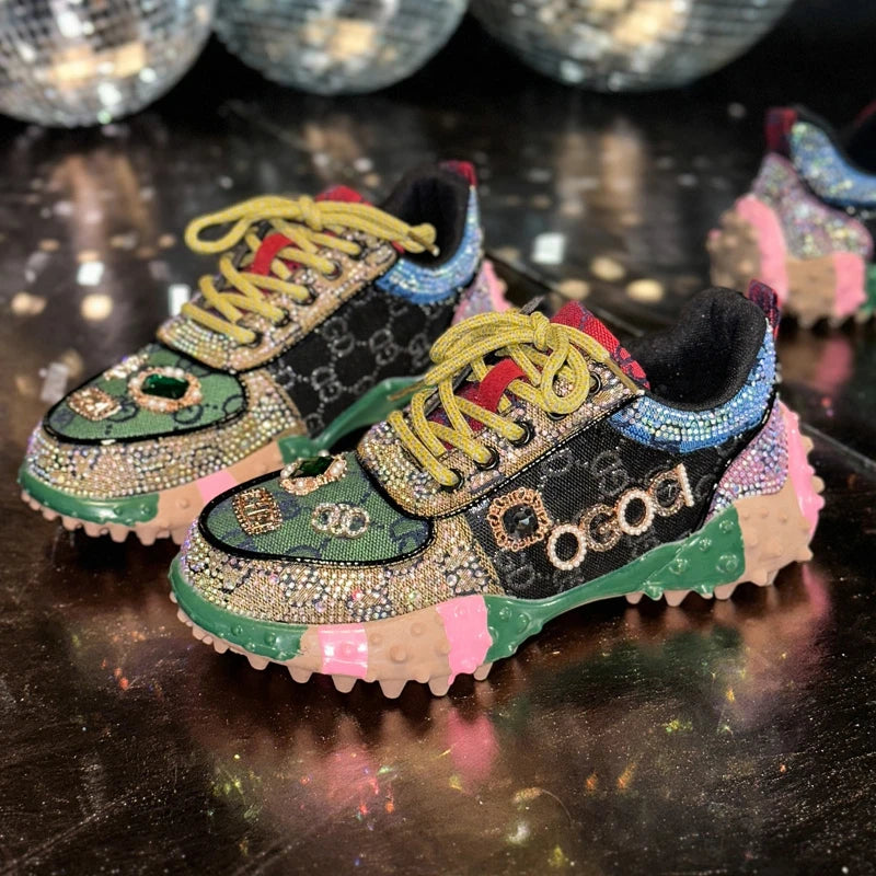 YEAE Women's Rhinestone Diamond Platform Sneakers | Luxury Casual Platform Sneakers Axl green 40