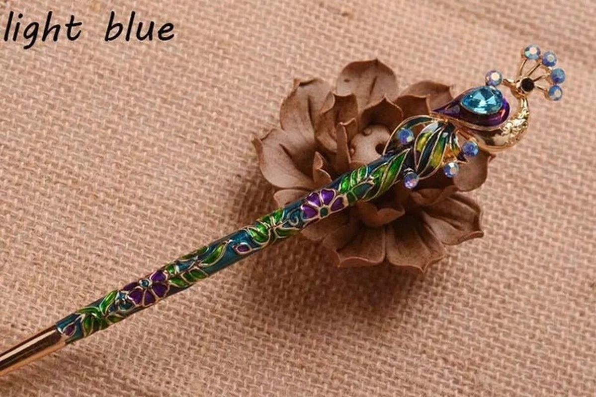 Retro Peacock Enamel Crystal Hair Stick Pin – Chinese Style Hair Stick Pin Axl light blue