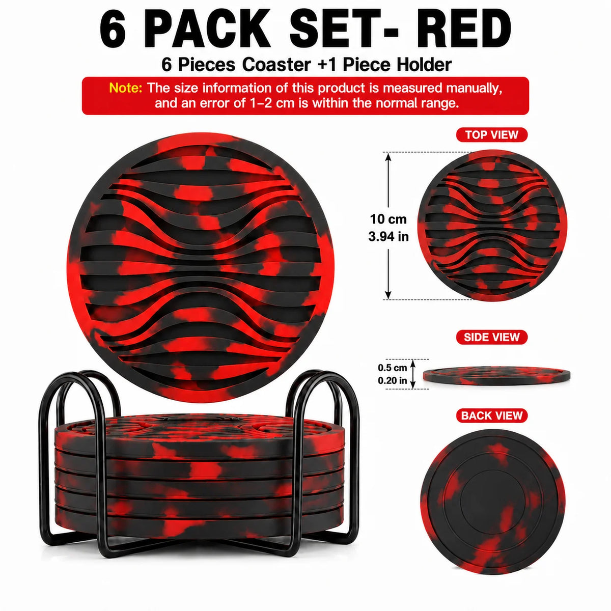 6-Pack Silicone Drink Coasters with Holder | Non-Slip, Heat Resistant Silicone Coaster Set Axl 6 PACK Set-Red