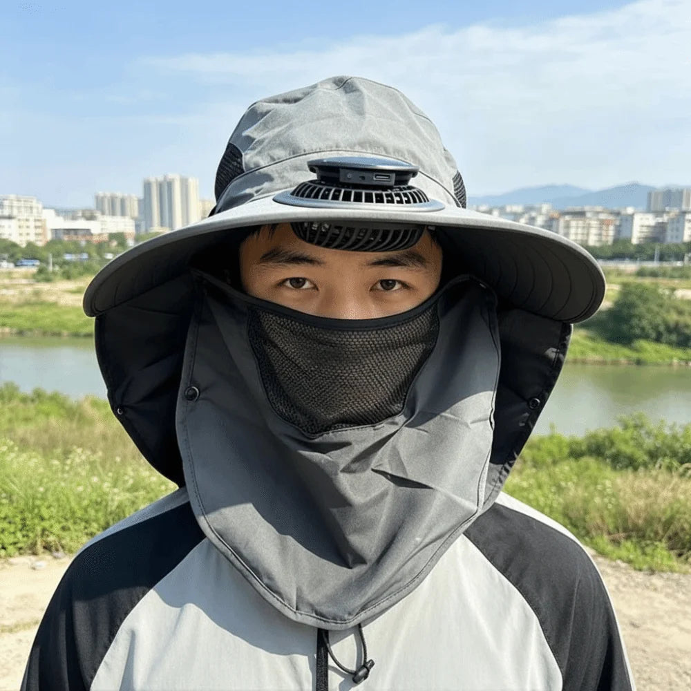 Solar Rechargeable Fan Hat with Shawl & Face Cover – Unisex Solar Fan Hat Axl