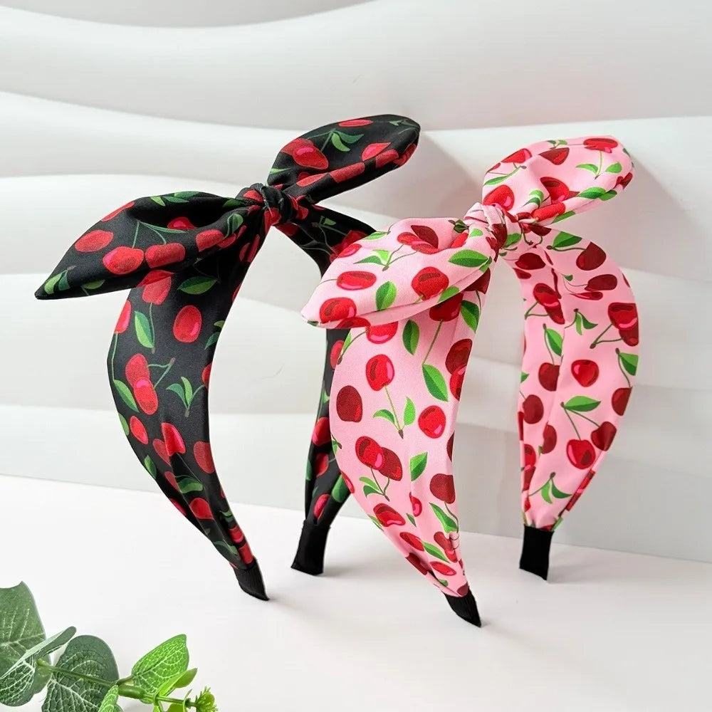 Cherry Print Bow Headband – Wide Knotted Rabbit Ear Hair Hoop Fashion Headband Axl