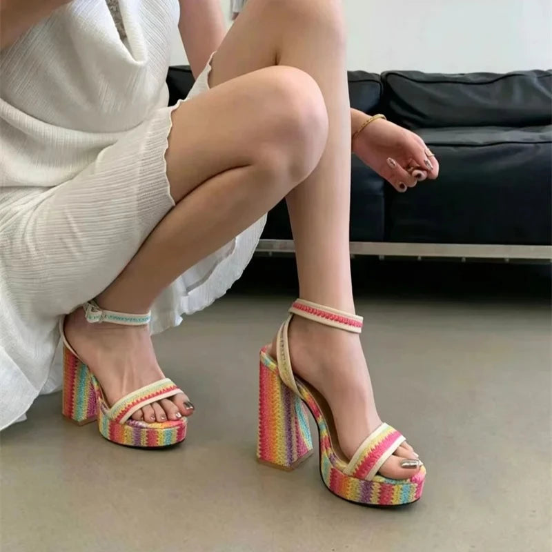 Women's Chunky Platform Sandals Open Toe Square High Heels Platform Heeled Sandals Axl