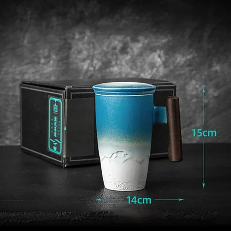 Retro Ceramic Tea Mug with Lid, Filter & Wooden Handle Ceramic Tea Mug Axl 12 350ML