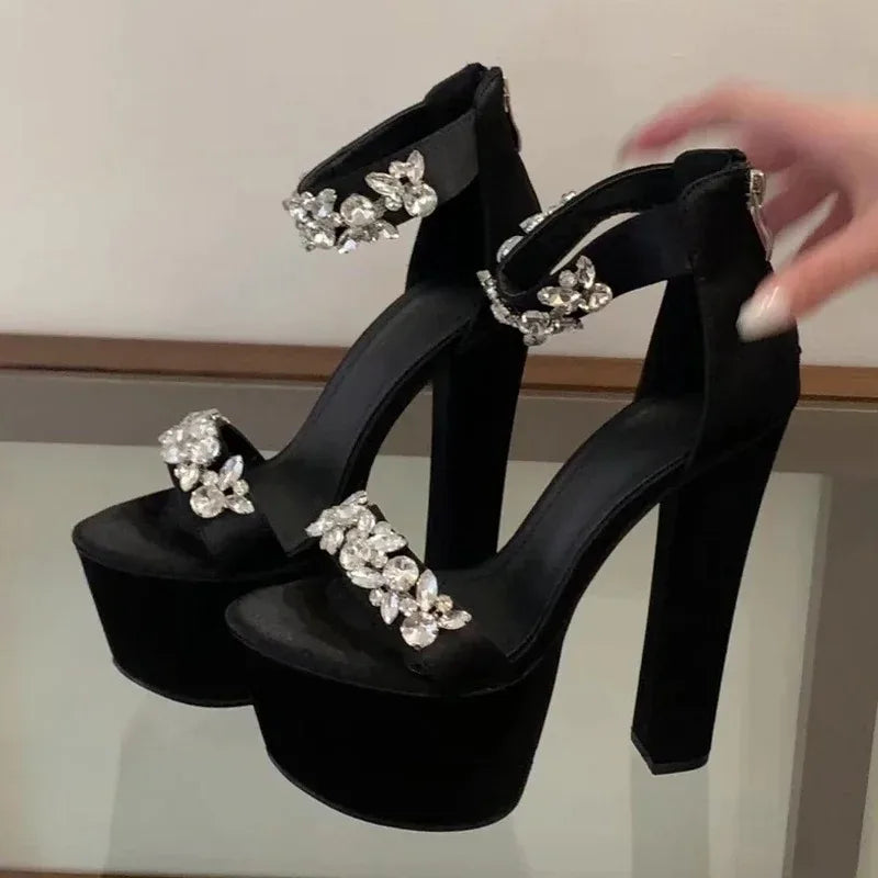 Women's Crystal Diamond Peep Toe Square Heel Platform Sandals Platform Heel Sandals Axl