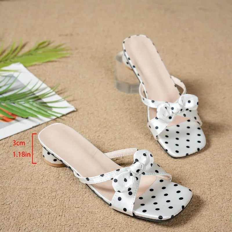 Women's Polka Dot Butterfly-Knot Mid Heel Slides | Summer Slippers Mid Heel Slides Axl White 36
