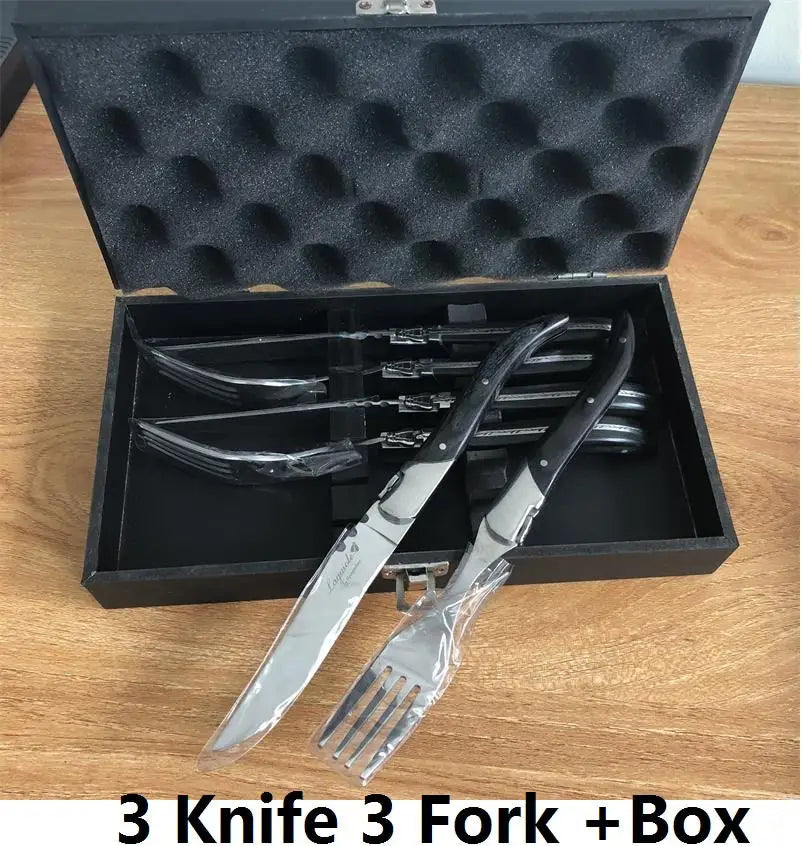 Laguiole-Style Steak Fork Set | Black Wood Handle Stainless Steel Steak Fork Set Axl 3 knife 3 fork box