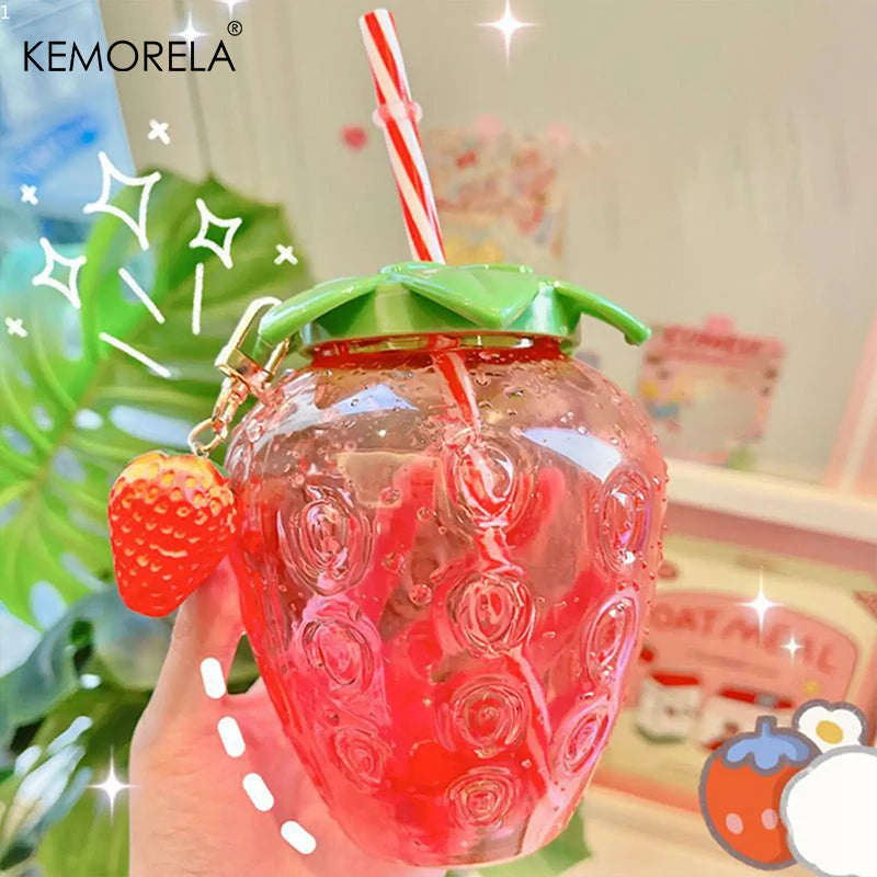 KEMORELA Strawberry Straw Water Bottle – Cute Clear Plastic Cup Straw Water Bottle Axl