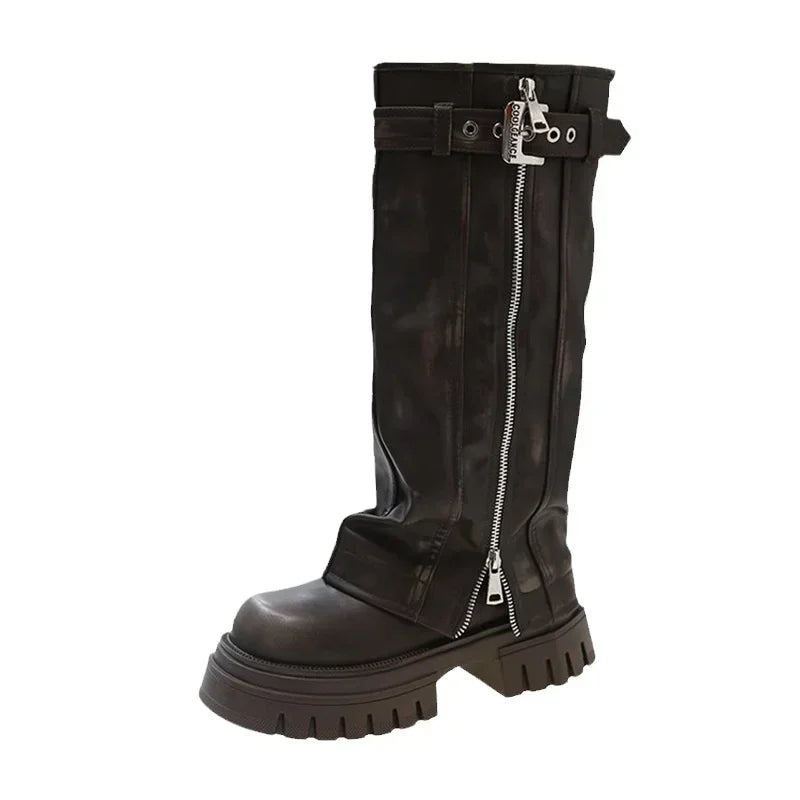 Women's Knee-High Platform Knight Boots – Belt Buckle Zip Knee-High Boots Axl