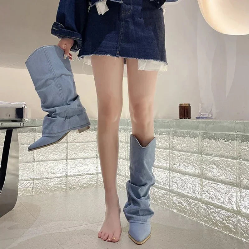 Pleated Blue Denim Chelsea Boots – Women's Square Heel Slip-On Women's Chelsea Boots Axl