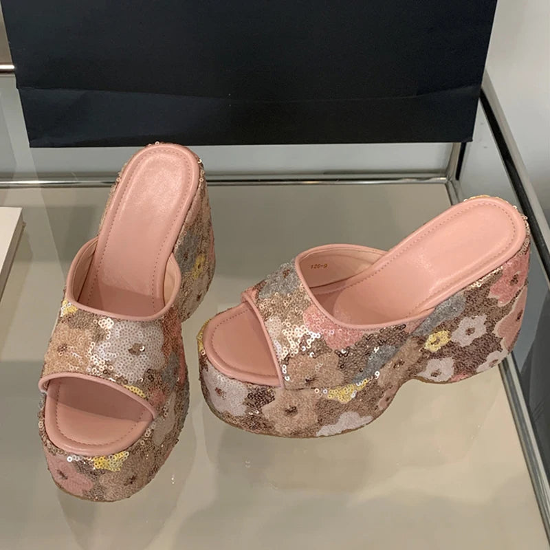 Women's 13CM Sequined Wedge Platform Sandal – Open Toe Heels Wedge Platform Sandals Axl