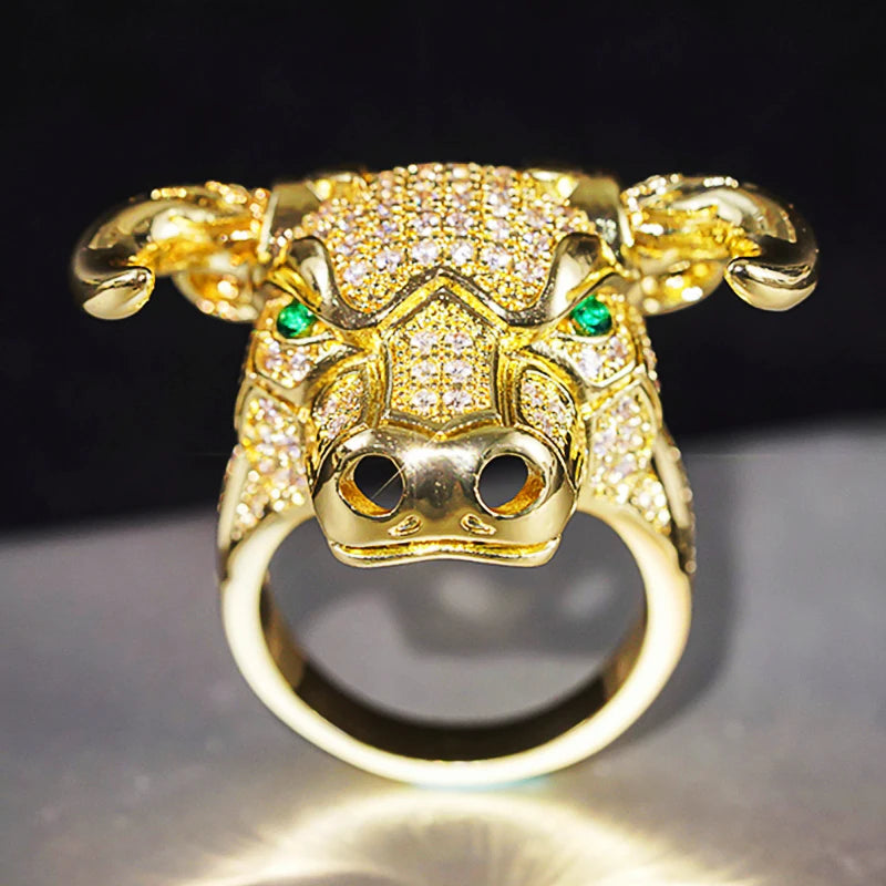Huitan Cow Design Gold Tone Statement Ring – Green Eyes CZ Fashion Statement Ring Axl