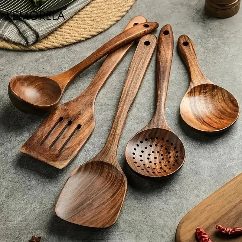 Teak Wood Kitchen Utensils – Spoon, Ladle & Skimmer Set Wooden Kitchen Utensil Axl