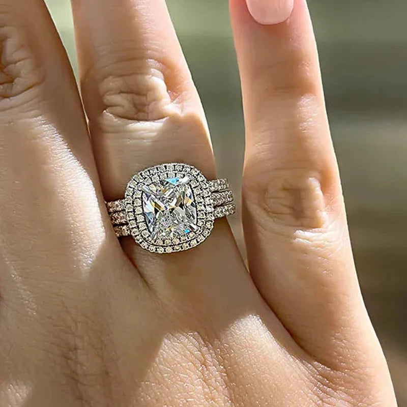 Huitan CZ Bridal Ring Set – 3-Piece Sparkling Wedding Rings Bridal Ring Set Axl