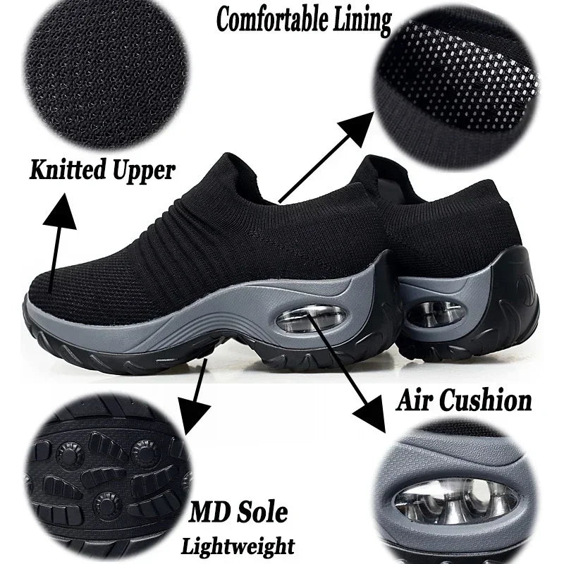 Mesh Slip-On Platform Sneakers – Air Cushion Walking Shoes Platform Slip-On Sneakers Axl