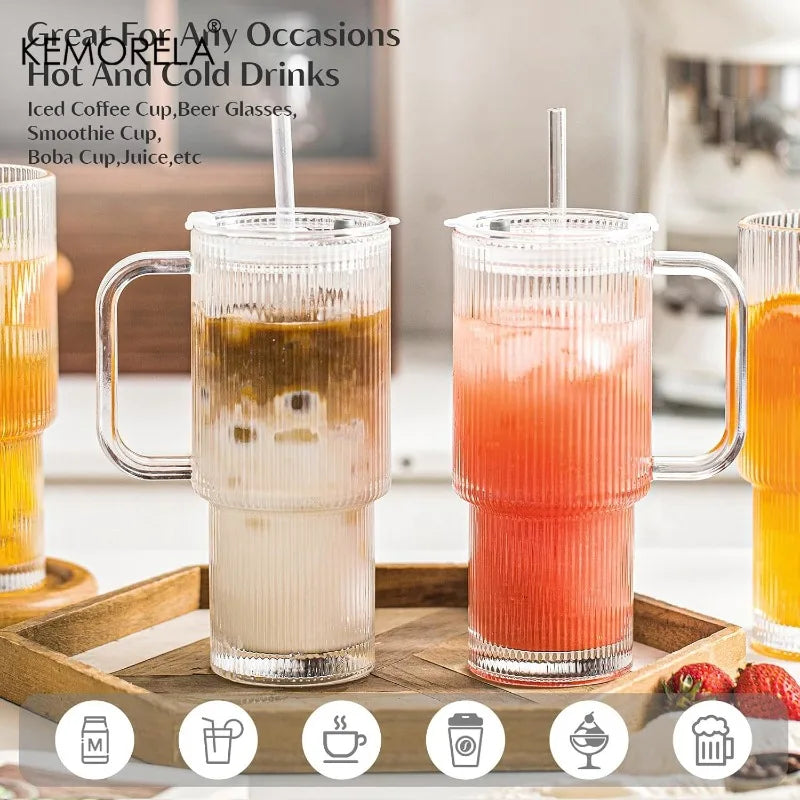760ml Ribbed Glass Tumbler with Lid & Straw | KEMORELA Set Glass Tumbler Set Axl
