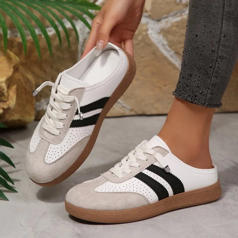 Women's Mule Sneakers – Lace-Up Breathable Flat Half Shoes Mule Sneakers Axl 36 WHITE