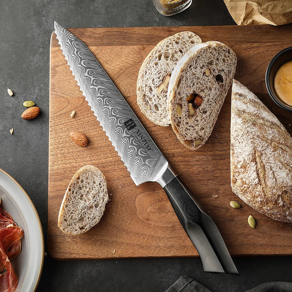 XINZUO 8.5" Damascus Steel Bread Knife – G10 Ergonomic Handle Damascus Bread Knife Axl