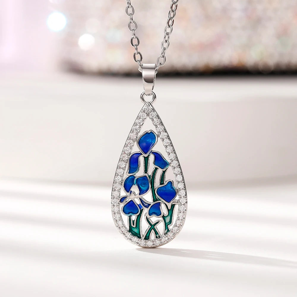 Huitan Blue Flower Enamel Pendant Necklace – Silver Chain Pendant Necklace Axl