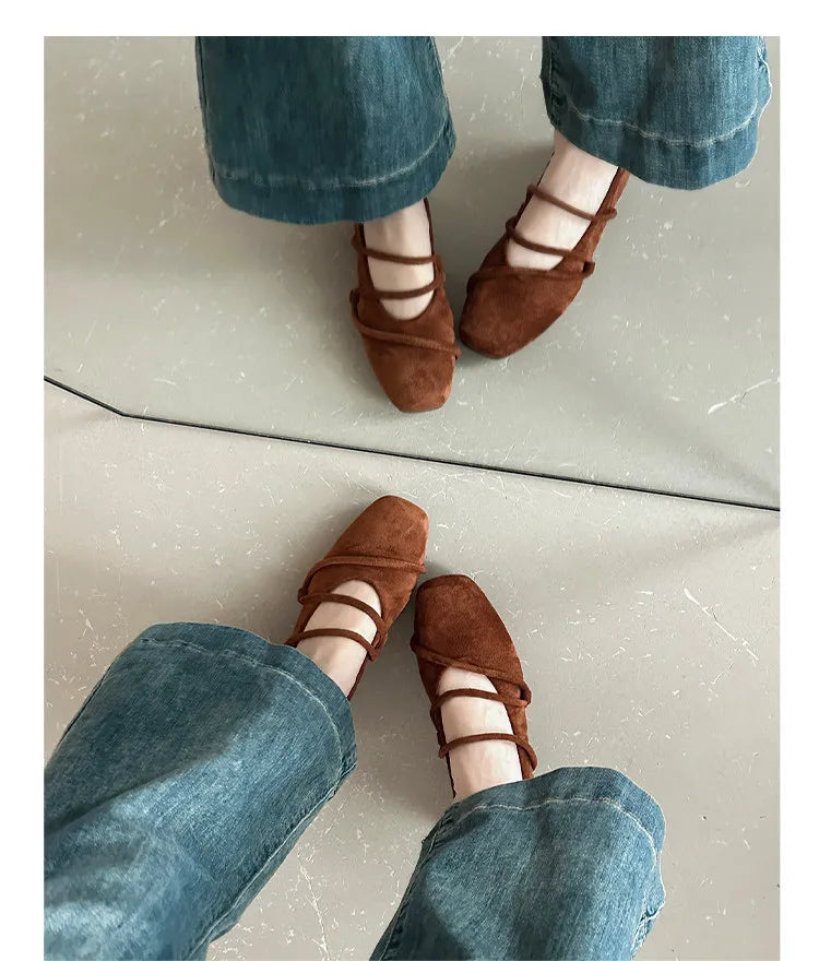 Women's Double Strap Mary Jane Flats – Vintage Suede Square Toe Mary Jane Flats Axl
