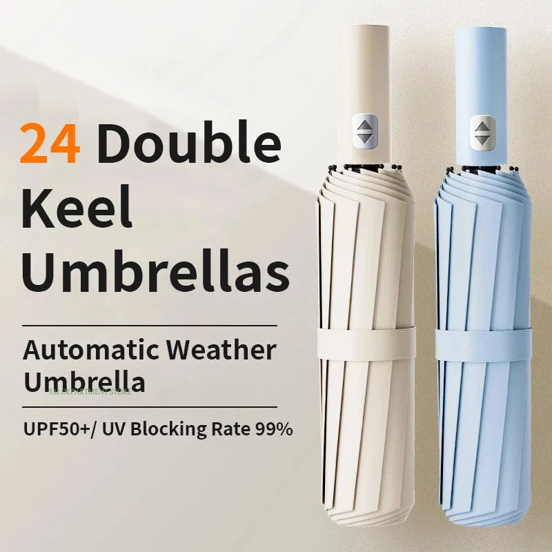 Windproof Auto 3-Fold Umbrella – 24 Rib Double Canopy UPF UV Travel Umbrella Axl