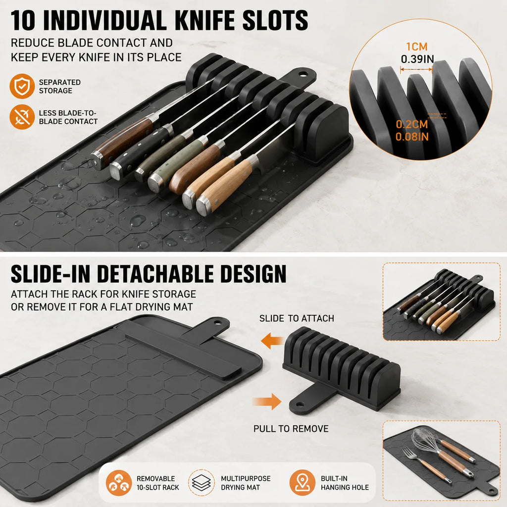 UWHISE 2-in-1 Knife Drying Mat & 10-Slot Knife Holder Knife Storage Organizer Axl