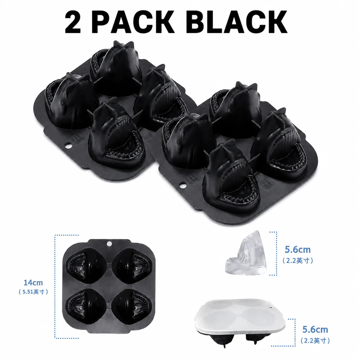 3D Shark Silicone Ice Cube Mold – Large Slow-Melt Ice Maker Ice Cube Mold Axl 2 Pack Black