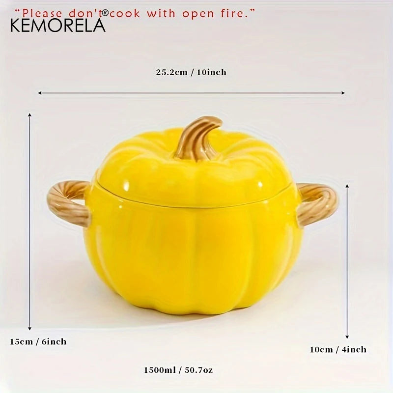 KEMORELA 50oz Ceramic Pumpkin Dutch Oven Pot with Lid Ceramic Dutch Oven Axl Yellow