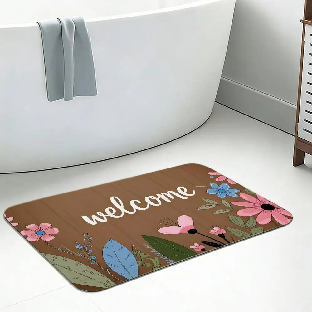 Diatomite Bath Mat – Floral Welcome Sign, Quick Dry & Non-Slip Diatomite Bath Mat Axl