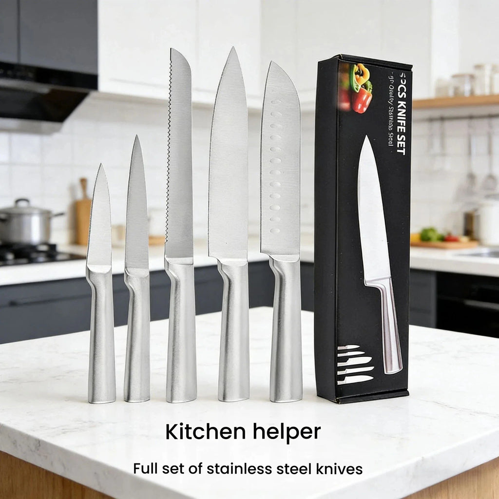 5-Piece Hollow Handle Stainless Steel Chef Knife Set Kitchen Knife Set Axl WHITE