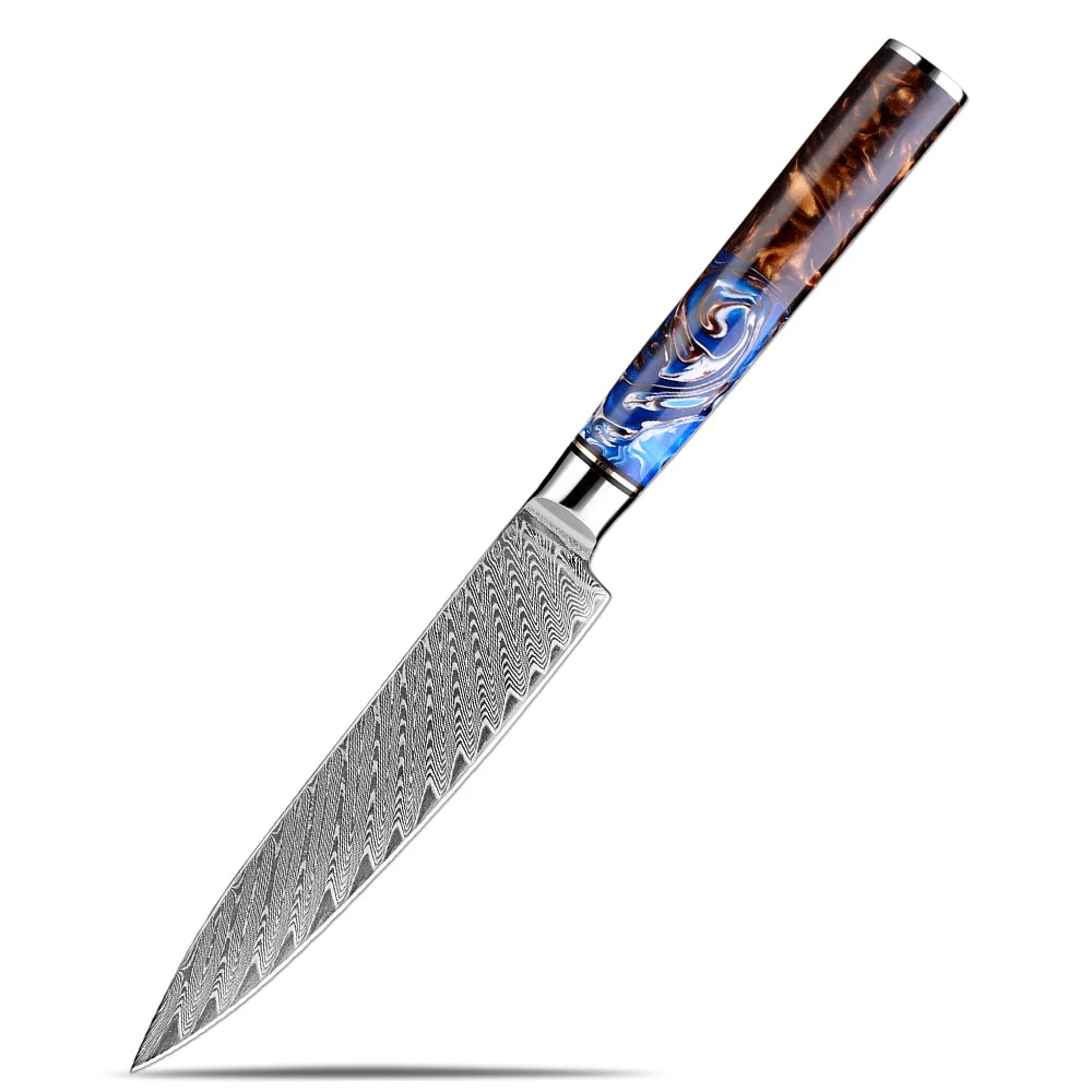 XITUO 5-Inch Damascus Steel Utility Knife – Sharp Resin Handle Damascus Kitchen Knife Axl Utility Knife