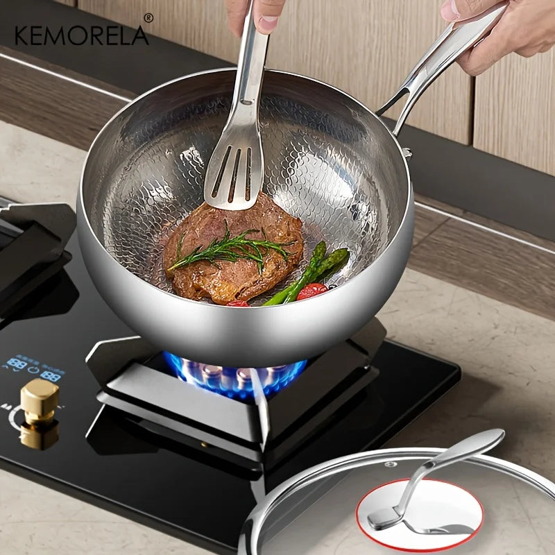 KEMORELA 3-Layer Stainless Steel Wok Pan – Hammered Finish Stainless Steel Wok Axl