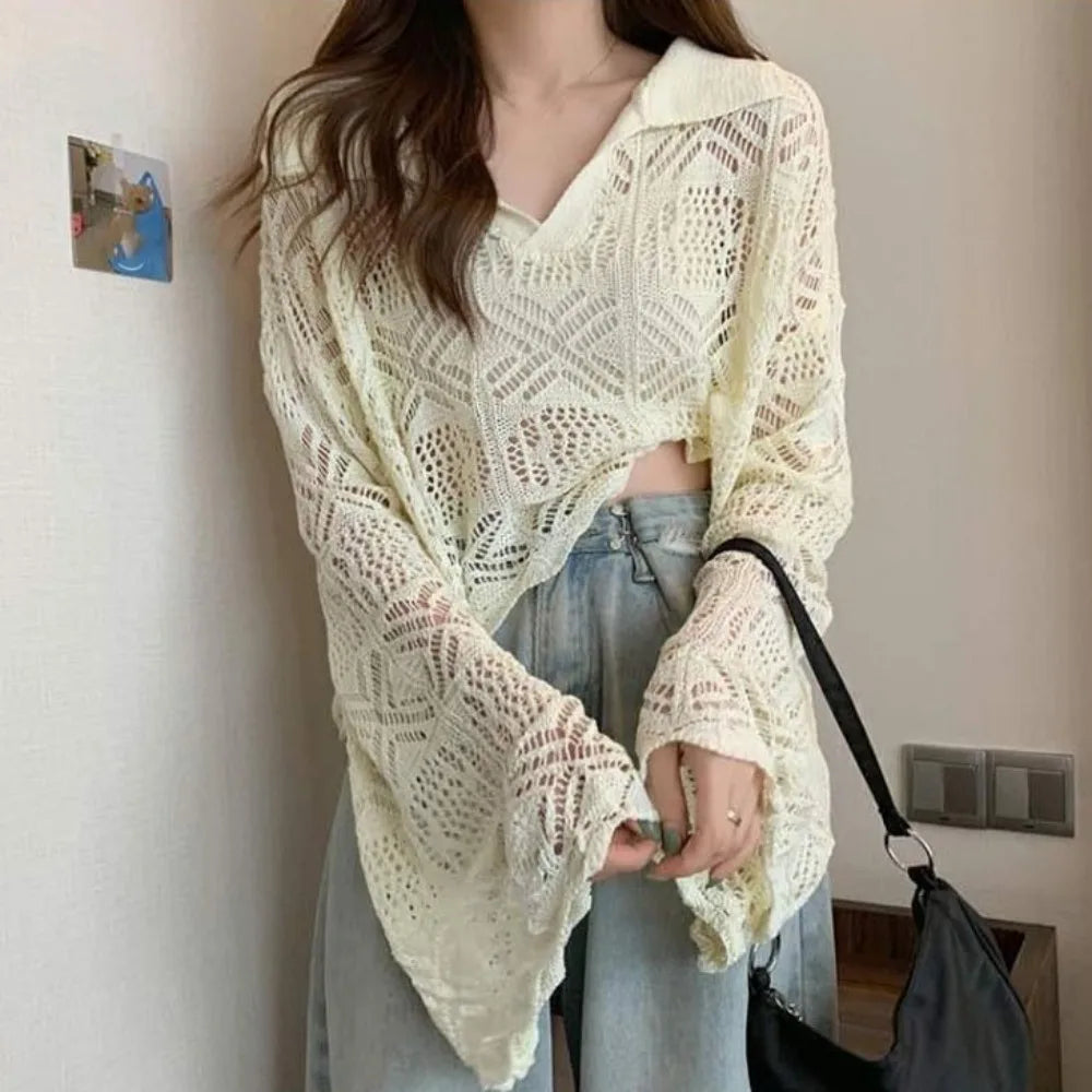 Women's V-Neck Crochet Hollow Knit Beach Top | Long Sleeve Crochet Knit Top Axl Beige One Size