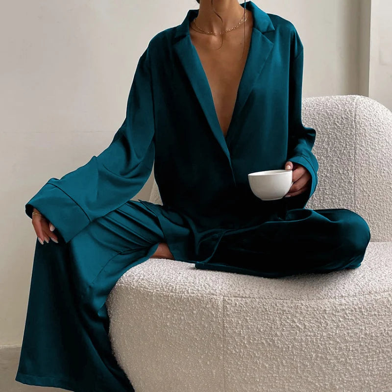 Women's Satin Pajama Set – Long Sleeve & Trouser 2-Piece Pajama Set Axl