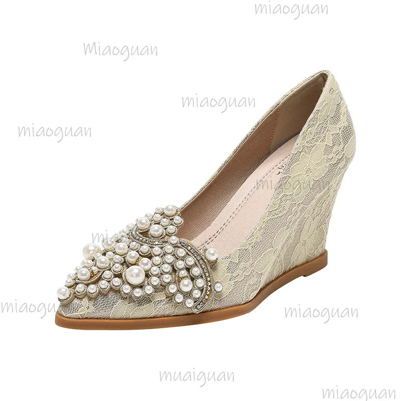 Pearl Embroidered Wedding Pumps – Pointed Toe Wedge Heels Wedding Pumps Axl