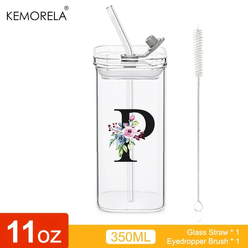KEMORELA 300ml Letter-Shaped Glass Tumbler with Lid & Straw