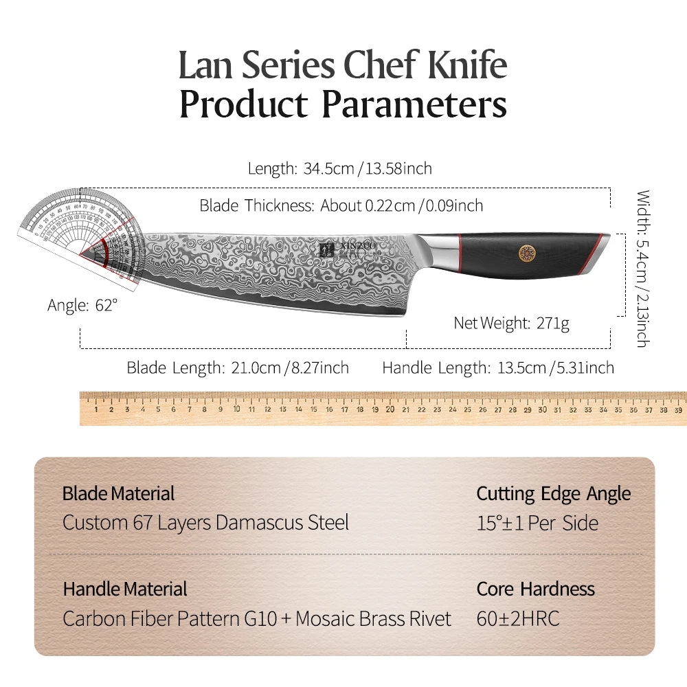 XINZUO 67-Layer Damascus Chef Knife – 8" High Hardness Kitchen Damascus Chef Knife Axl